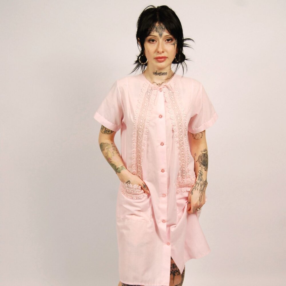 70s Pink Shirtdress (S) Vogue small vintage midi button up retro pinup cottage